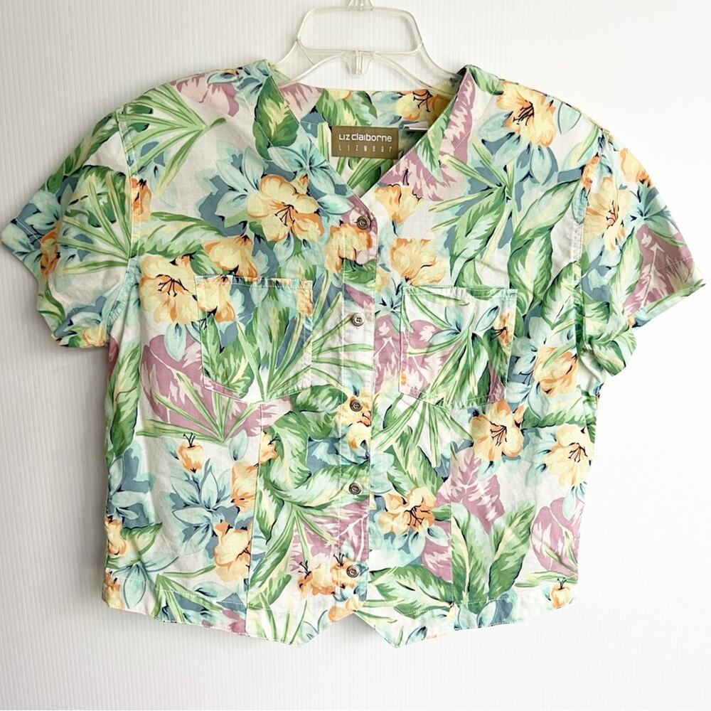 Vintage 80s 90s Liz Claiborne Lizwear Tropical Floral Cotton Cropped Blouse